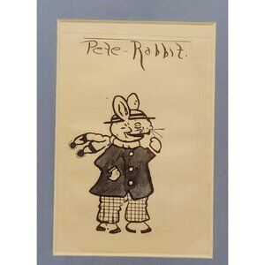 1930s Peter “Pete” Rabbit Original Pen and Ink Drawing Easter Bunny 3”x4.5”